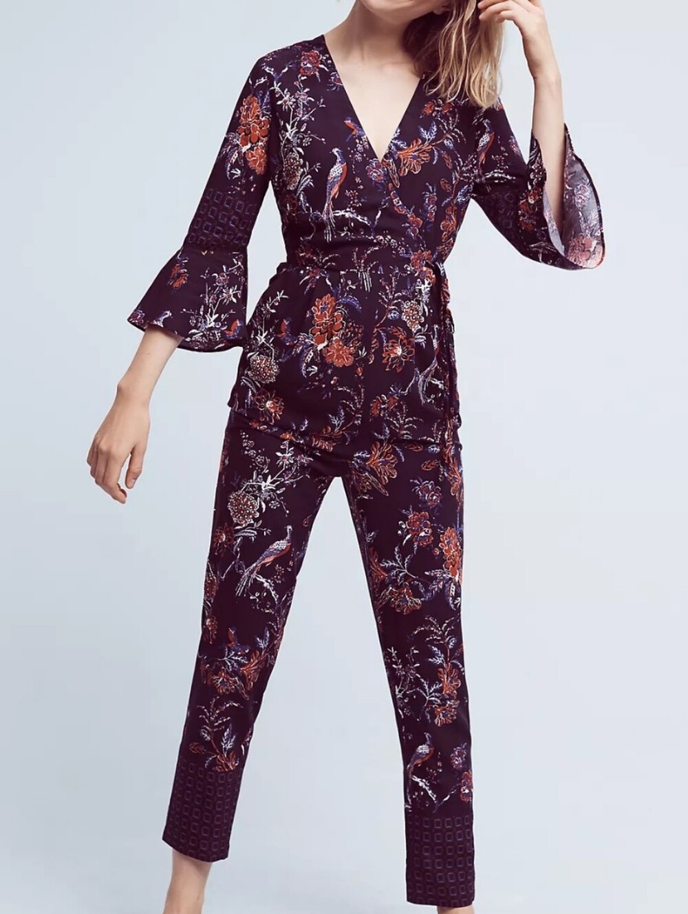 Anthropologie Maeve Bird & Floral Print Jumpsuit Violet Blue Combo Size 0 Petite
